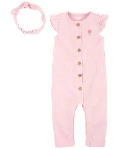 CARTER'S Set 2dielny overal na zips bez rukávov, čelenka Pink dievča LBB NB/ veľ. 56