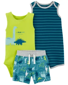 CARTER'S Set 3dielny overal letný kr. rukáv, body bez rukávov, kraťasy Stripes Dinos chlapec NB/ veľ