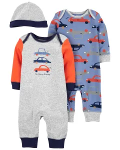 CARTER'S Set 3dielny overal na cvoky bez nožičiek 2ks, čiapka Cars chlapec LBB NB/ veľ. 56
