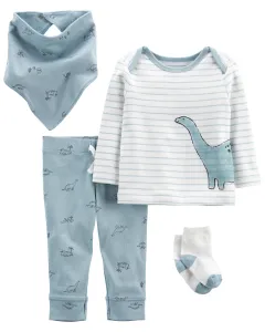 CARTER'S Set 4dielny tričko dl. rukáv, tepláky, ponožky, podbradník Blue Dino chlapec LBB PRE, veľ. 