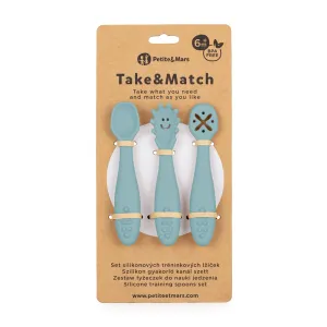 PETITE&MARS Set 3 ks silikónových tréningových lyžičiek Take&Match Frosted Sky 6m+