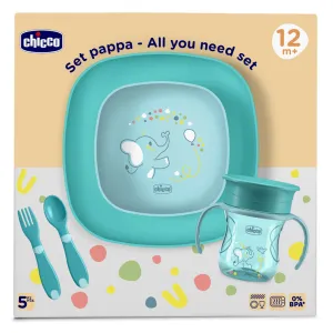 CHICCO Set jedálenský - miska, tanier, fľaša a príbor blue 12m+