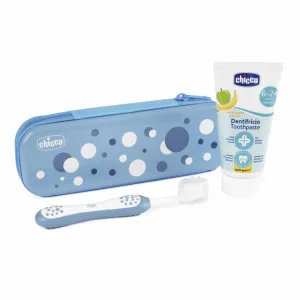 CHICCO Set zubná kefka a pasta v puzdre Always smiling Light Blue, 6m+