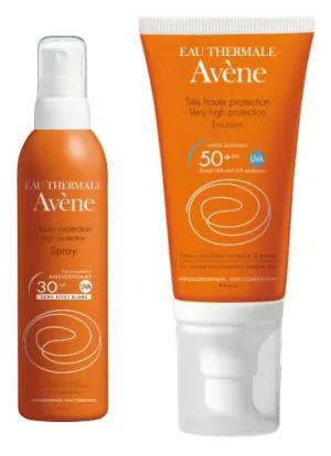 Avene SPF30 sprej s prípravkom na opaľovanie + emulzia SPF50+