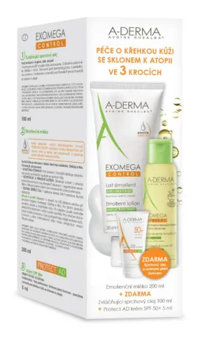 A-Derma Exomega Control Emolienčné mlieko 200ml + Zvláčňujúci sprchový olej 100ml + Protect AD krém 5ml