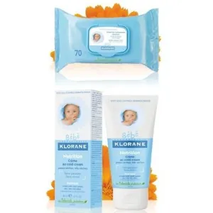 Klorane Bebe darčeková kazeta: Jemné čistiace obrúsky + Výživný krém s cold cream + darček plyšový zajačik