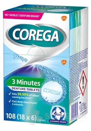 COREGA 3 Minutes DENTURE TABLETS 18x6 ks antibakteriálne čistiace tablety 108 ks