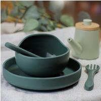 PETITE&MARS Set jedálenský silikónový TAKE&MATCH 2 ks miska + príbor Misty Green 6m+