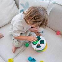 Miniland Vedierko s blokmi na triedenie tvarov, tyrkysové