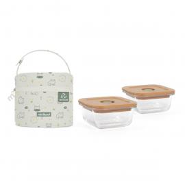 Miniland ECO-friendly Sklenené štvorcové nádoby 2x210 ml s izotermickou taškou, Žabka