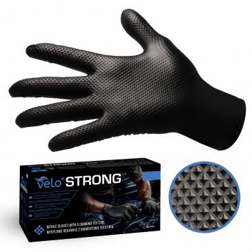 VELO STRONG GRIP Pevné nitrilové pracovné rukavice s pevným úchopom, veľ. XL, čierne, 50ks