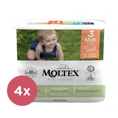 4x MOLTEX Pure & Nature Plienky jednorazové 3 Midi (4-9 kg) 33 ks - ECONOMY PACK