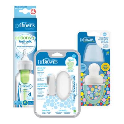 DR.BROWN'S Set fľaša plast 250ml + Cumeľ FreshFirst + Prstová zubná kefka